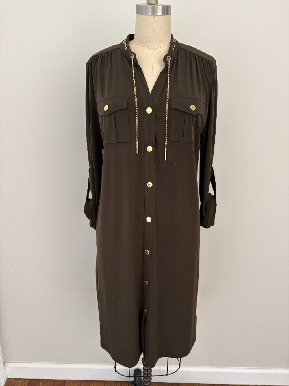 Michael Kors Women's Brown Utility Jersey Shirt Dress Gold Chain Accent Chic M
